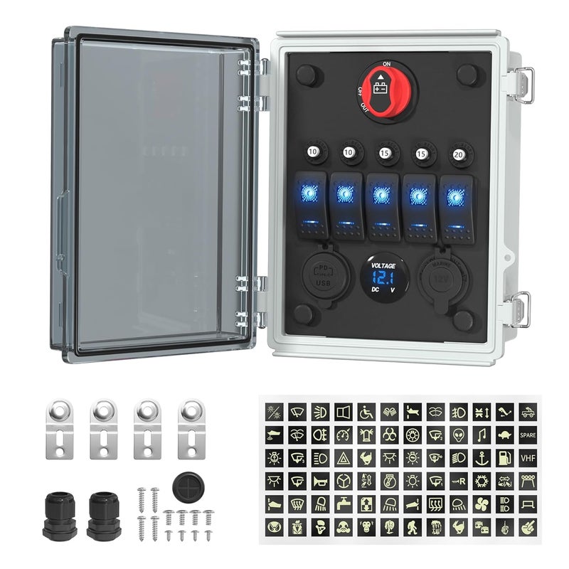 Joinfworld 5 Gang Rocker Switch Box Marine 12V Toggle Switch Panel Waterproof LED Lighted with Breaker USB ＆ PD Type C Charger LED Voltmeter for Boat Automotive Car - Image 1